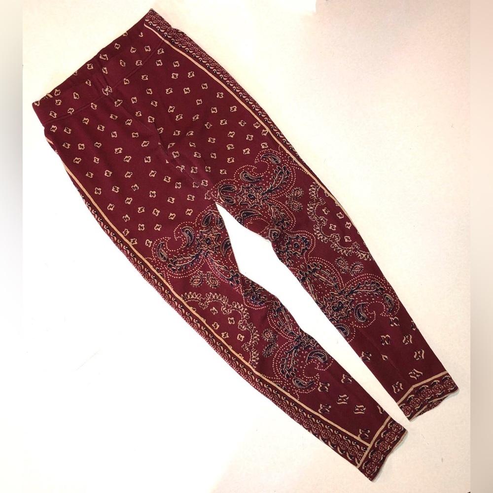 Free People Burgundy and Gold Paisley Sweater Knit Leggings - S